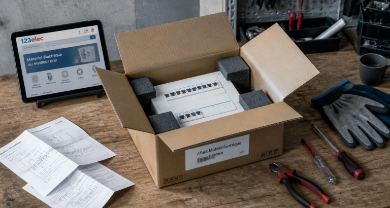123elec avis carton matériel électrique protégé sur bureau