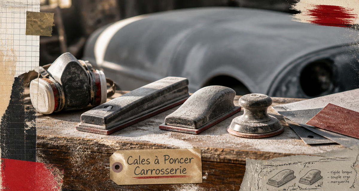 Cale à poncer carrosserie avec feuilles abrasives sur établi