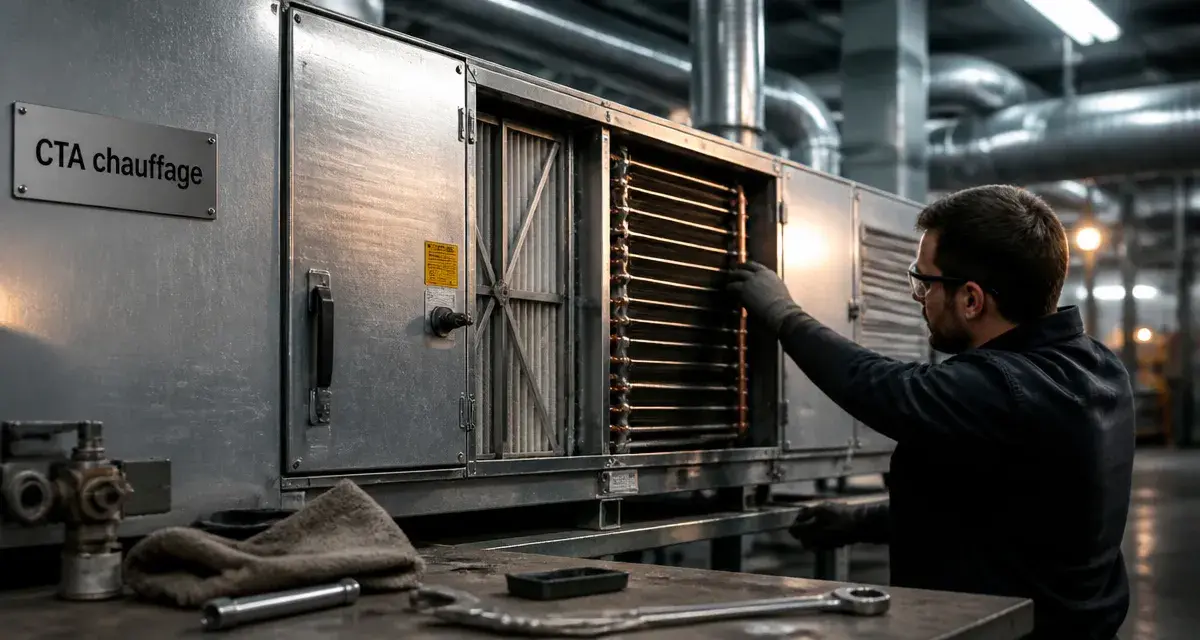 CTA chauffage dans un atelier CVC : technicien et batterie chaude