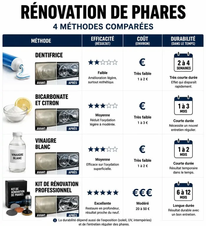 Tableau comparatif des méthodes pour nettoyer les phares de voiture : dentifrice vs kit professionnel