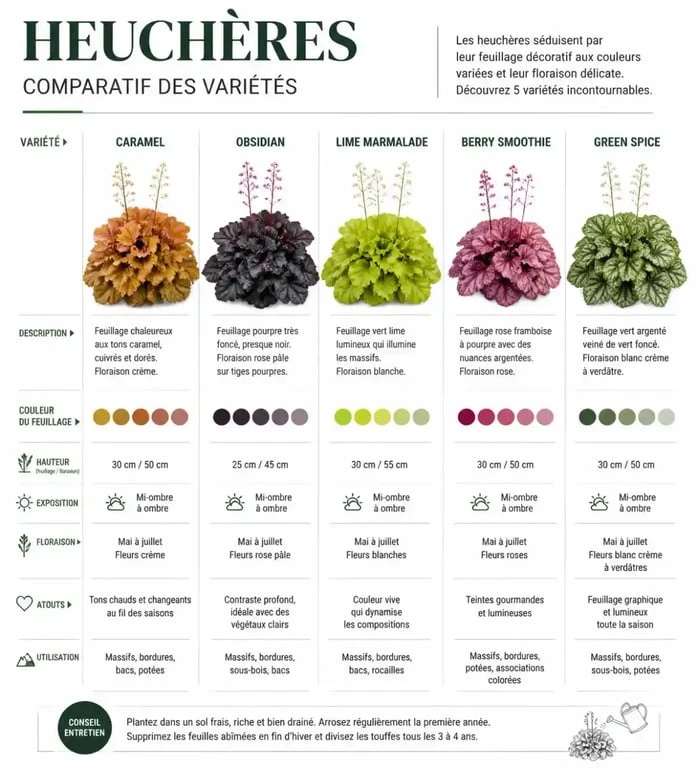 Infographie comparative des plus belles variétés d'heuchères pour le jardin