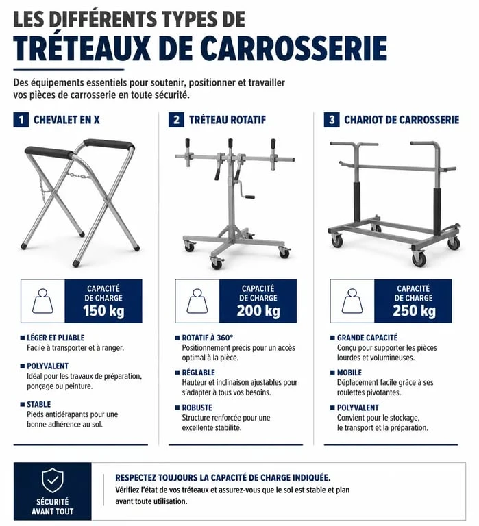 Infographie comparative des différents modèles de tréteaux de carrosserie pour atelier automobile