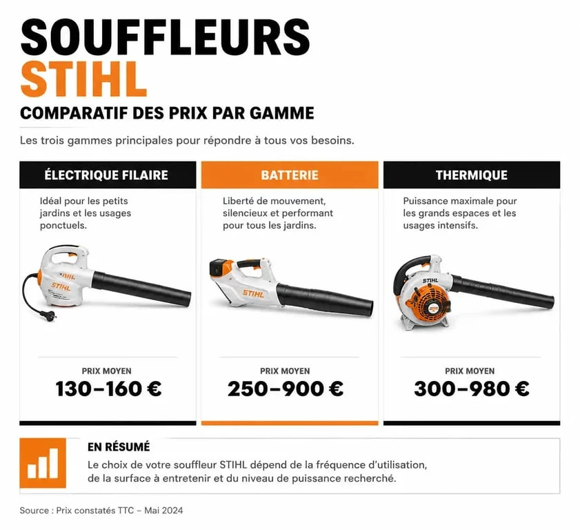 Comparatif des prix des souffleurs Stihl par technologie : électrique, batterie et thermique