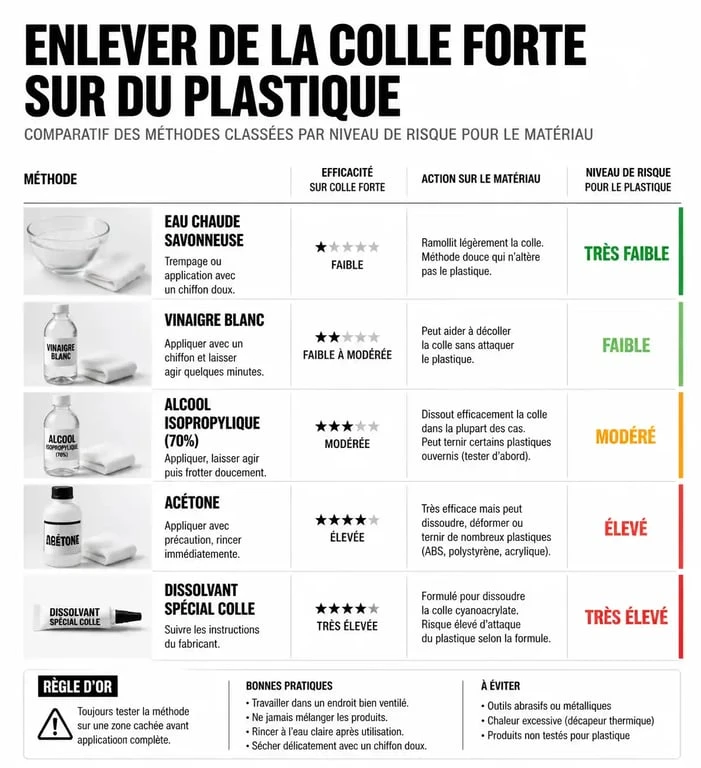 Infographie comparative des méthodes pour enlever de la colle forte sur du plastique sans l'abîmer