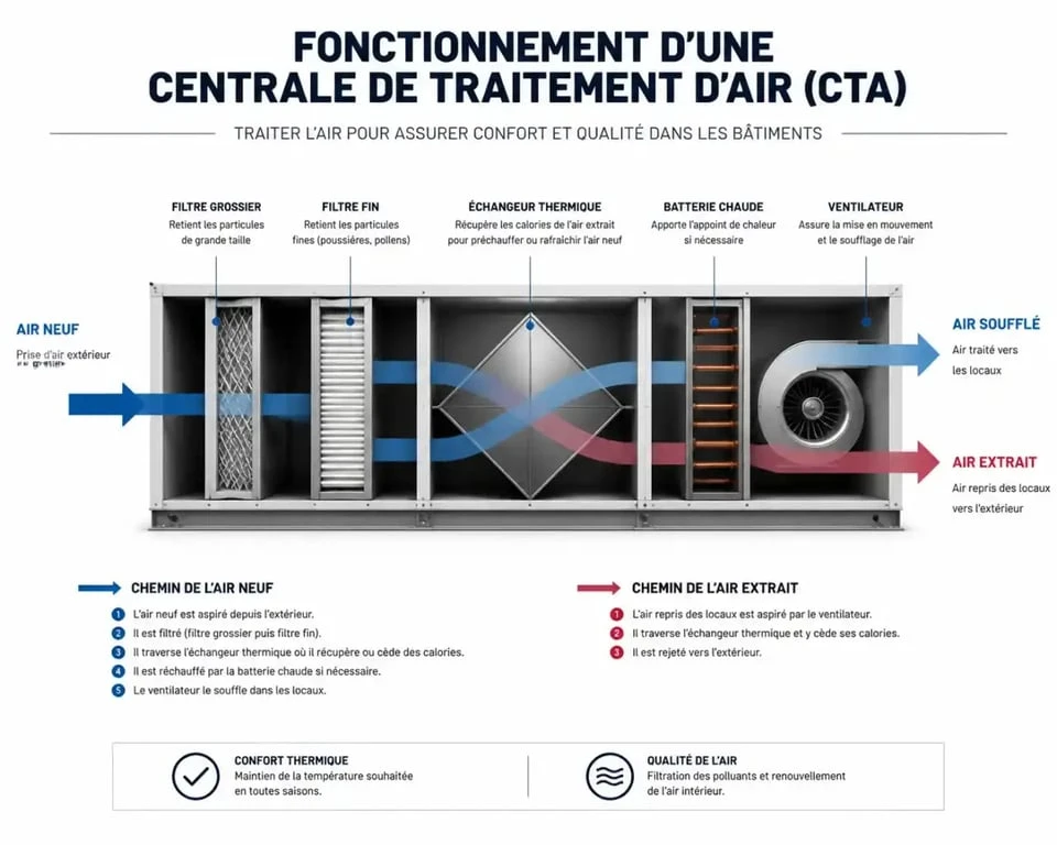 Schéma de fonctionnement d'une centrale de traitement d'air (CTA) pour le chauffage et la ventilation