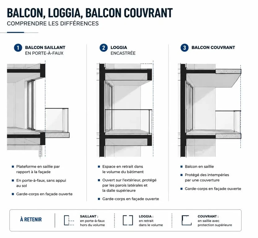 Schéma comparatif des types de balcons : balcon saillant, loggia et balcon couvrant en copropriété