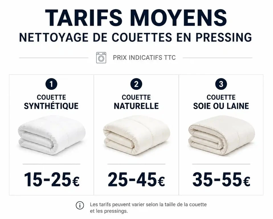 Infographie des prix moyens pour le nettoyage d'une couette en pressing selon le type de garnissage