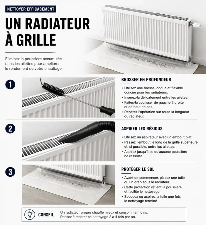 Guide illustré étape par étape pour nettoyer un radiateur avec grille efficacement