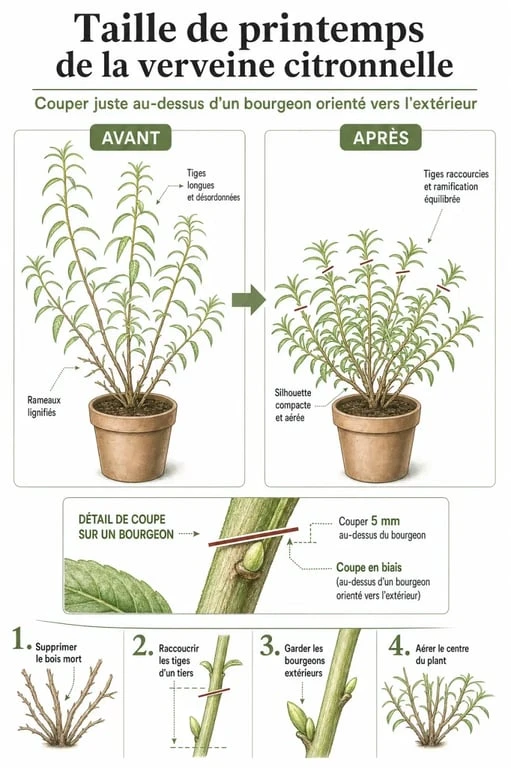Schéma illustrant les étapes de la taille de la verveine citronnelle pour favoriser la croissance