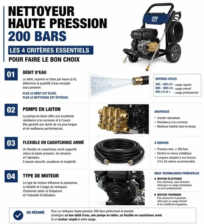 Infographie des critères techniques pour choisir le meilleur nettoyeur haute pression 200 bars