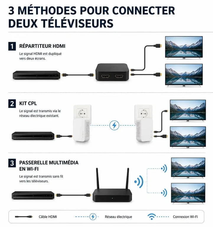 Schéma des méthodes pour brancher deux téléviseurs sur un seul décodeur sans payer d'abonnement supplémentaire