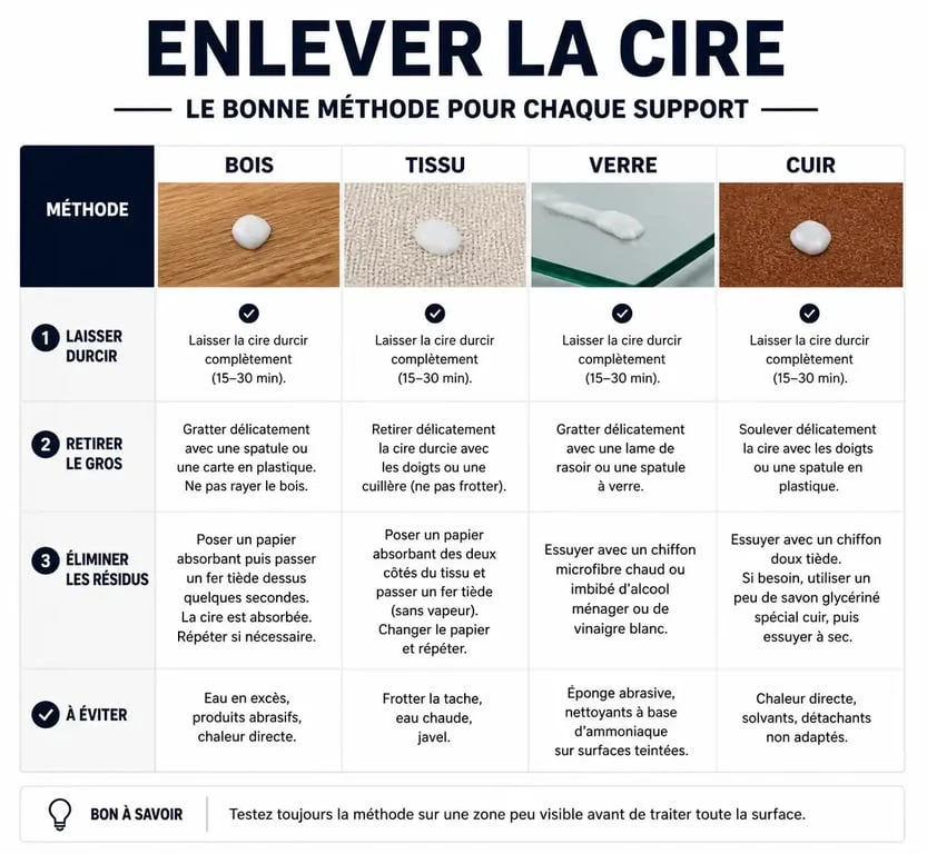 Infographie des astuces de grand-mère pour enlever la cire sur différents supports comme le bois, le tissu ou le verre.