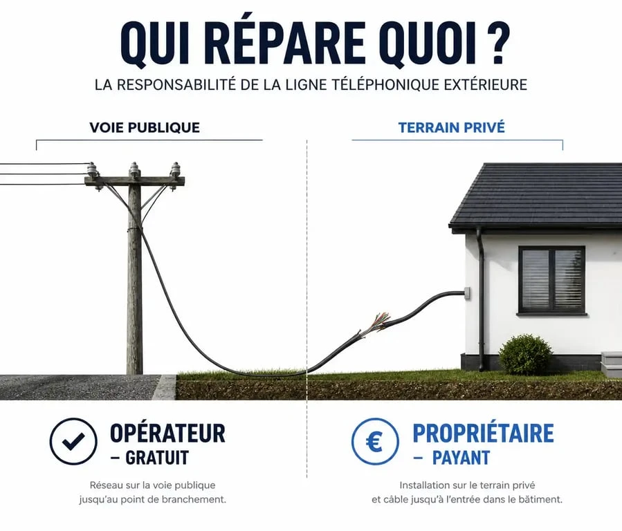 Infographie sur la responsabilité de la réparation d'une ligne téléphonique extérieure entre domaine public et privé