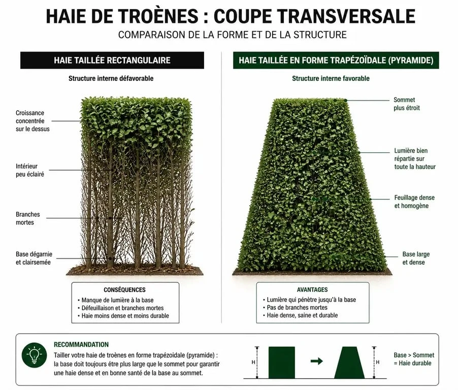 Schéma comparatif de taille de haie de troène pour éviter un troène dégarni en bas