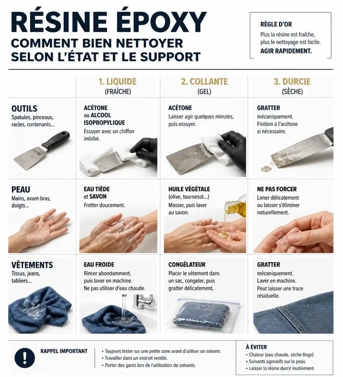 Infographie des méthodes pour nettoyer de la résine époxy selon le support et l'état de la résine