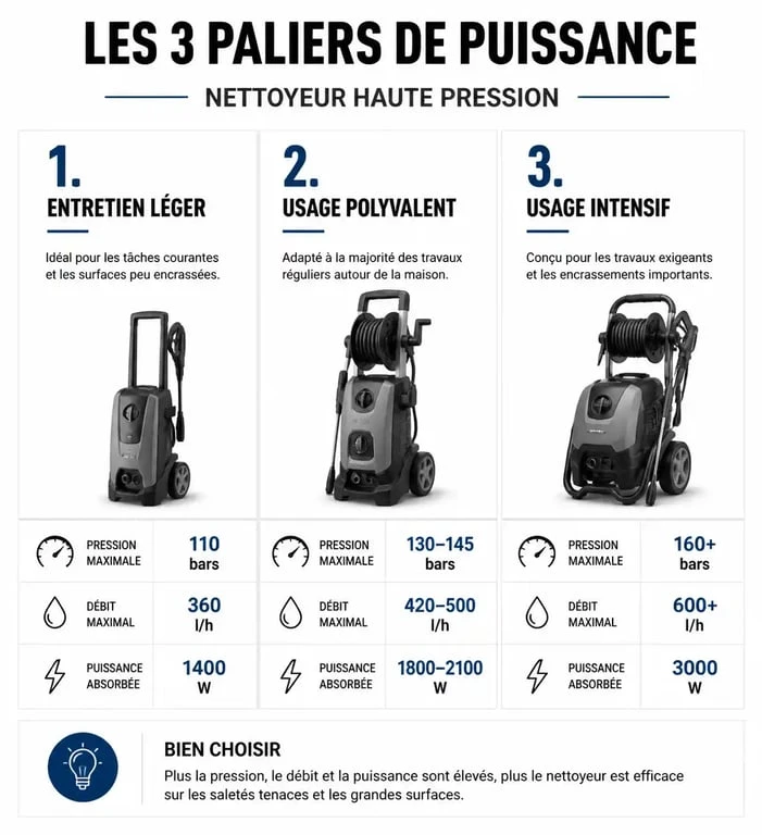 Infographie des paliers de puissance pour choisir son nettoyeur haute pression Karcher selon l'usage