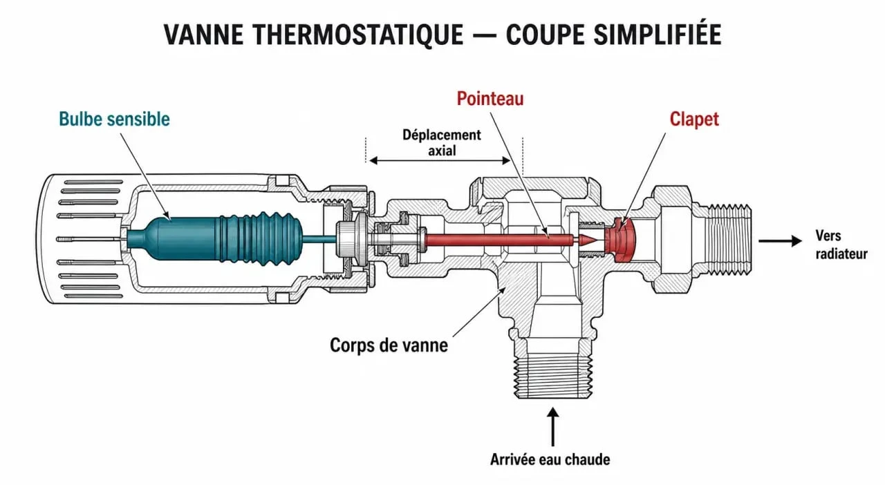 Schéma explicatif du fonctionnement d'une vanne thermostatique de radiateur