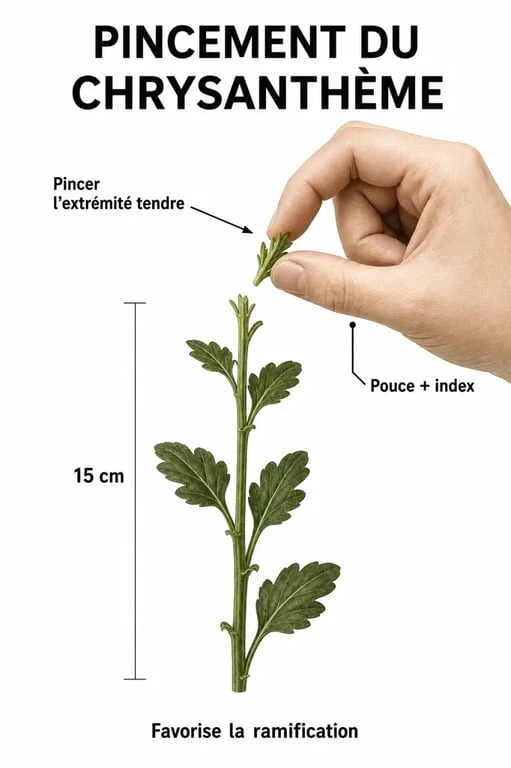 Illustration du geste de taille et pincement pour la taille du chrysanthème