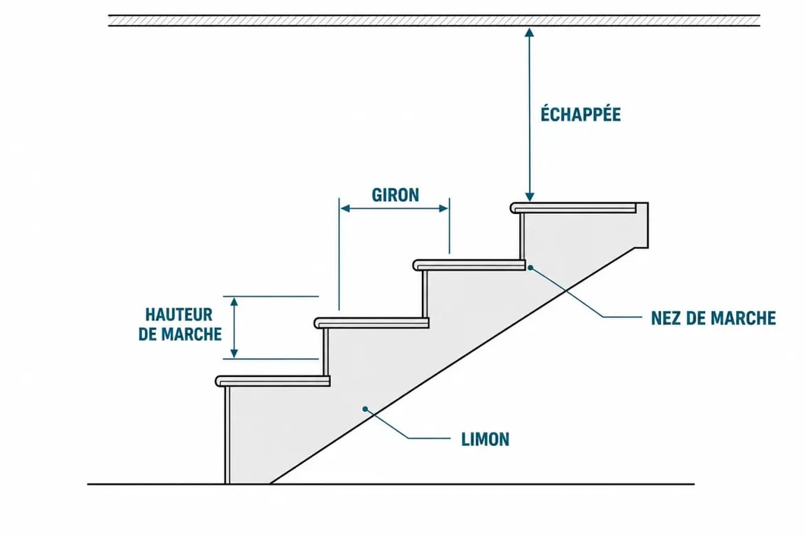Schéma technique des dimensions d'un escalier en métal pour la fabrication