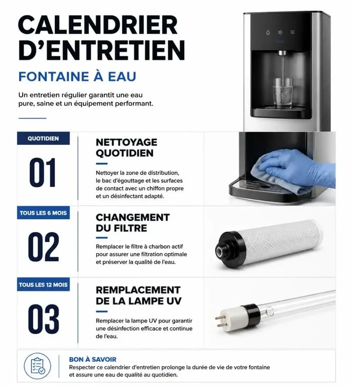 Infographie calendrier d'entretien pour fontaine à eau en entreprise