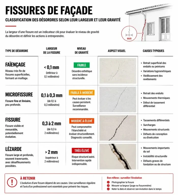 Tableau comparatif des types de fissures sur crépi extérieur et leur gravité