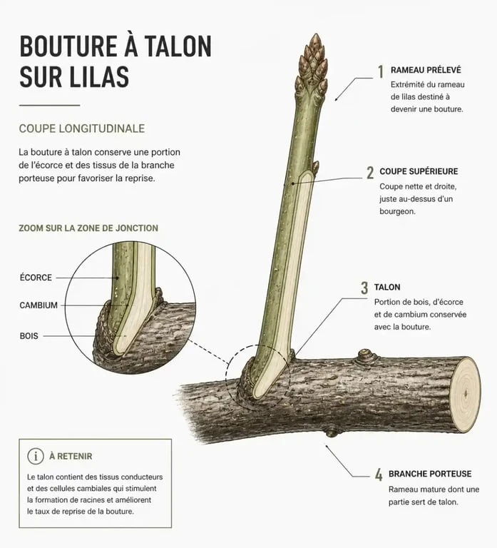 Schéma explicatif de la technique de bouture à talon pour le lilas