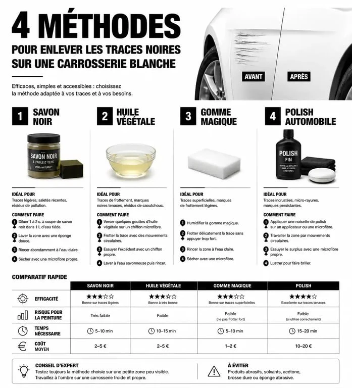 Infographie des méthodes pour enlever une trace noire sur carrosserie blanche
