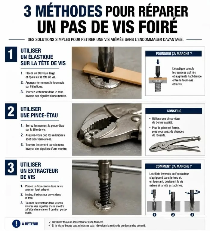 Infographie des méthodes pour réparer un pas de vis foiré et extraire une vis abîmée
