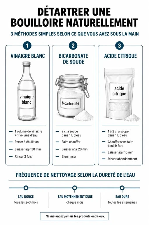 Infographie des méthodes naturelles pour nettoyer une bouilloire et détartrer efficacement.