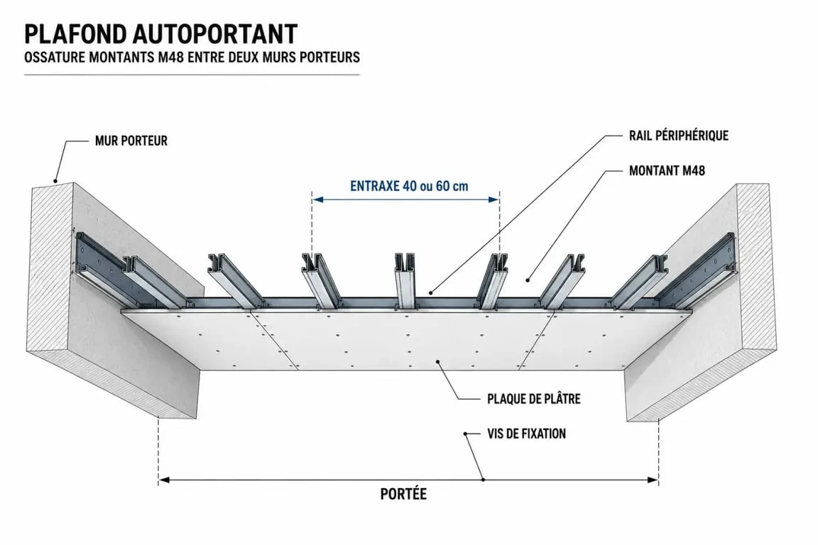 Schéma technique de la structure d'un plafond autoportant avec montants M48 pour comprendre la portée maximum.