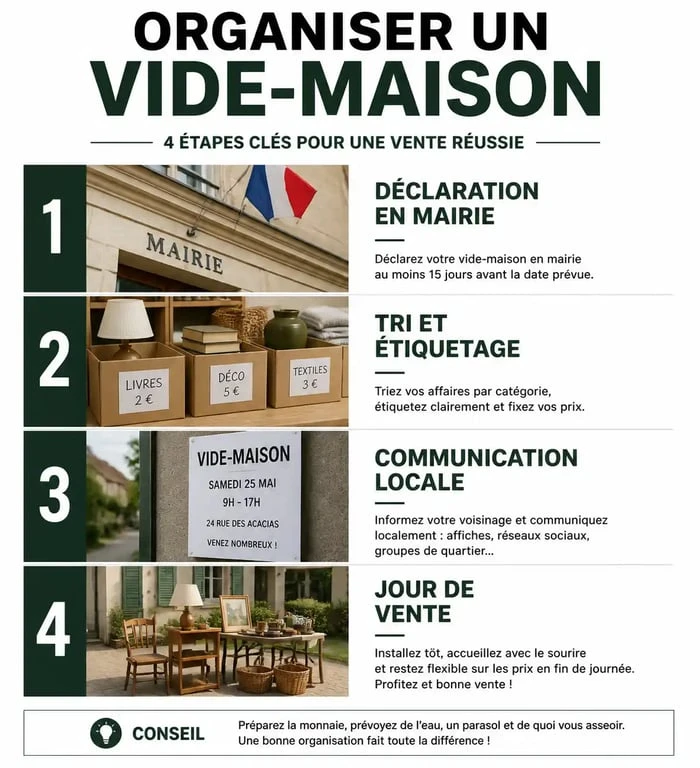Infographie des étapes pour organiser un vide maison dans le 94