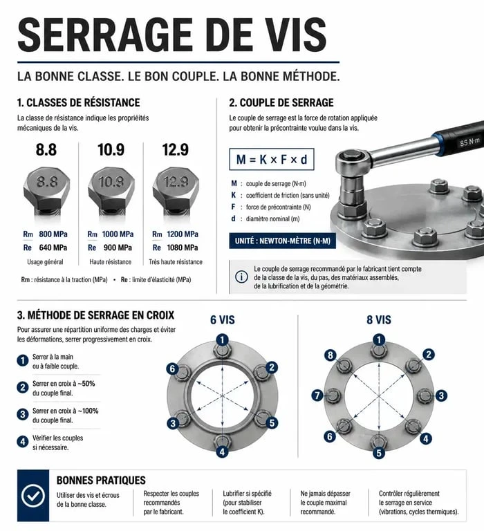 Infographie sur le serrage de vis : couples recommandés, classes de résistance et méthode de serrage en croix.