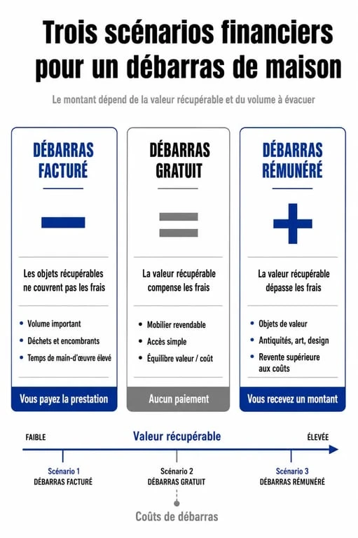 Infographie des options financières pour un service de vide maison 65 : débarras facturé, gratuit ou rémunéré.