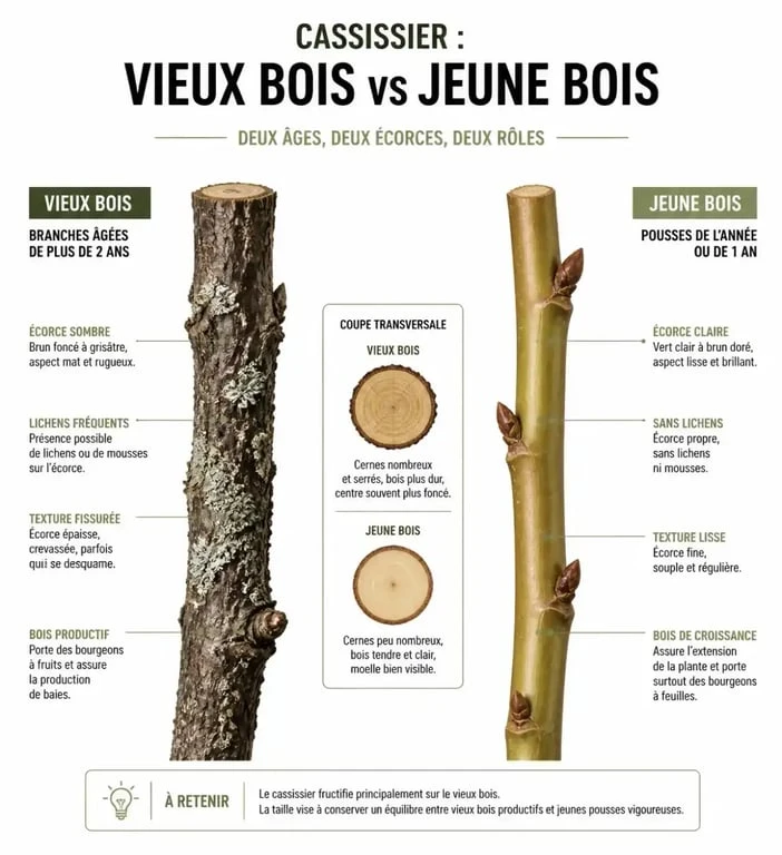 Schéma explicatif pour identifier le vieux bois et le jeune bois lors de la taille des cassissiers