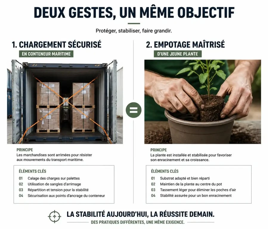 Schéma comparatif illustrant l'empotage logistique en conteneur et l'empotage horticole en pépinière
