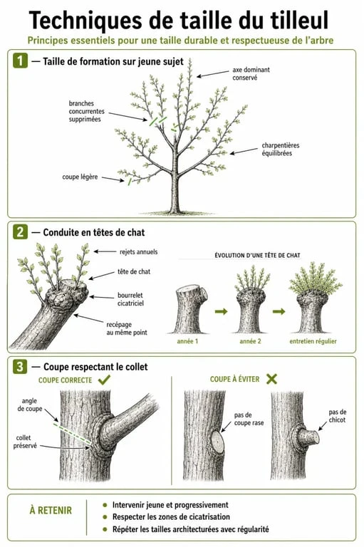 Schéma explicatif des techniques de taille des tilleuls : formation, têtes de chat et coupe au collet