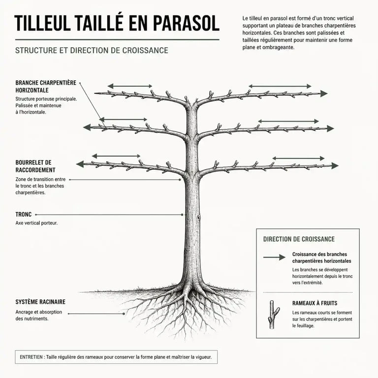 Schéma explicatif de la taille d'un tilleul en parasol