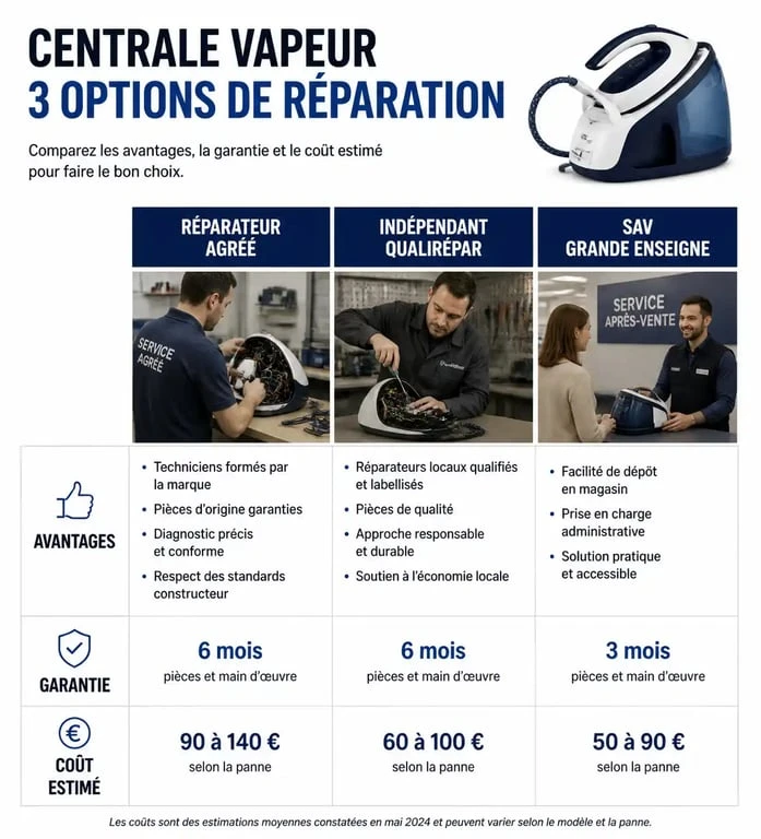 Tableau comparatif des solutions pour faire réparer sa centrale vapeur : réparateur agréé, indépendant QualiRépar ou SAV enseigne.