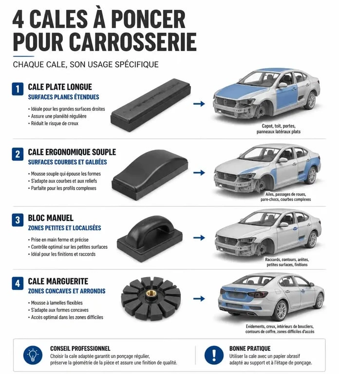 Infographie comparative des types de cales à poncer pour carrosserie automobile