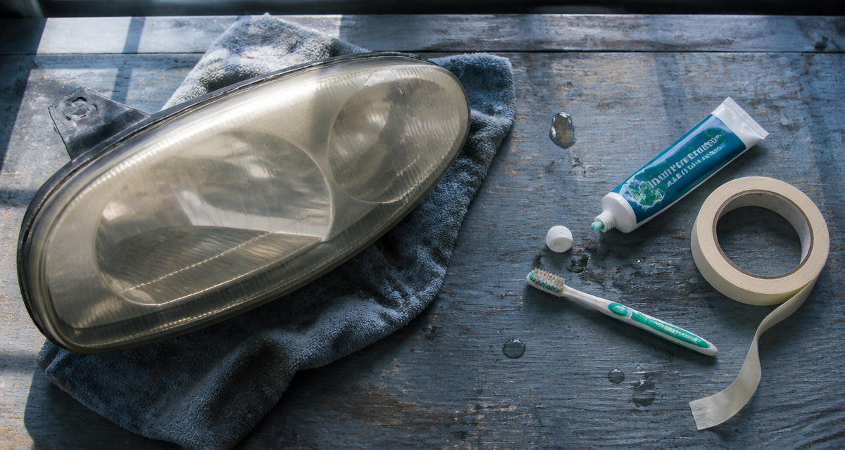 nettoyer phare voiture dentifrice sur plan de travail