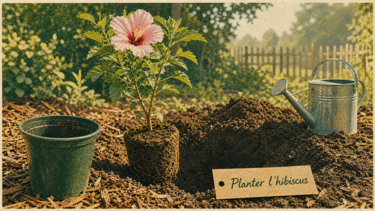 Quand planter un hibiscus en pleine terre : jeune hibiscus planté, fosse, terre et paillis