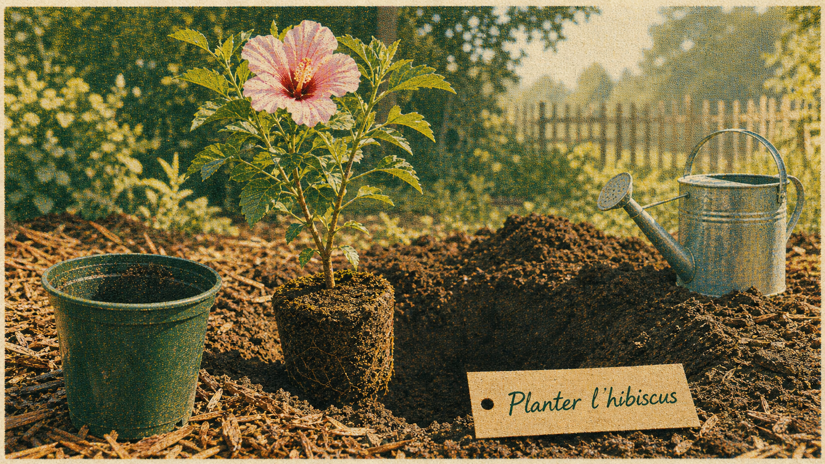 Quand planter un hibiscus en pleine terre : jeune hibiscus planté, fosse, terre et paillis