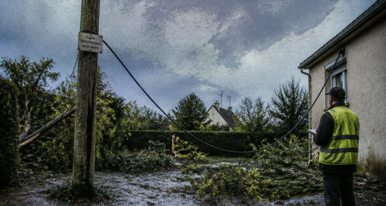 réparation ligne téléphonique extérieure par technicien après tempête