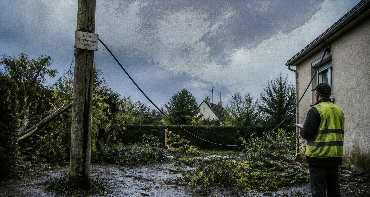 réparation ligne téléphonique extérieure par technicien après tempête