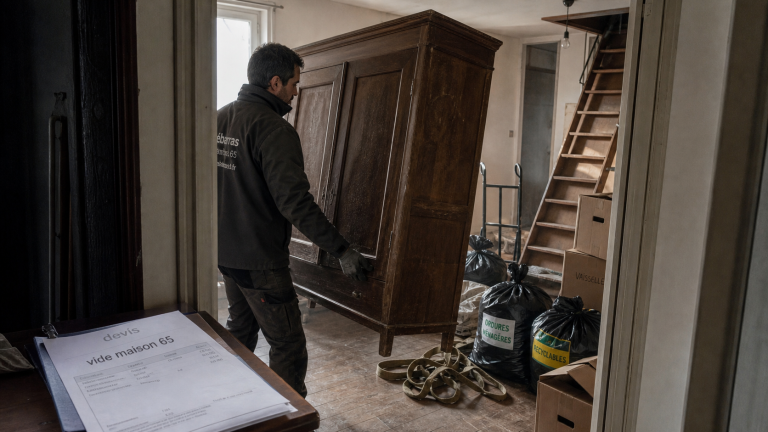 Vide maison 65 : agent soulève une armoire, tri et valorisation des meubles