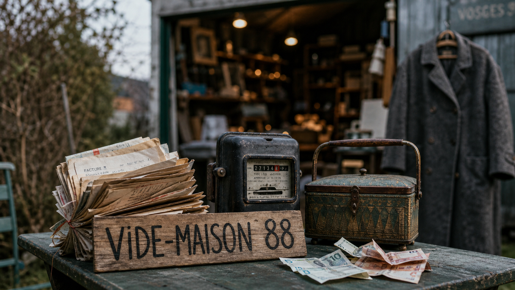 Vide maison 88 : carton de factures et pancarte “Vide-maison 88”