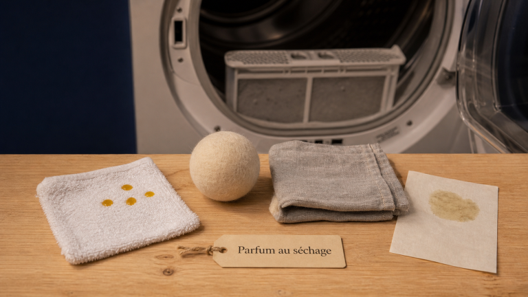 Astuce bonne odeur sèche-linge naturelle : huile essentielle et linge au sèche-linge