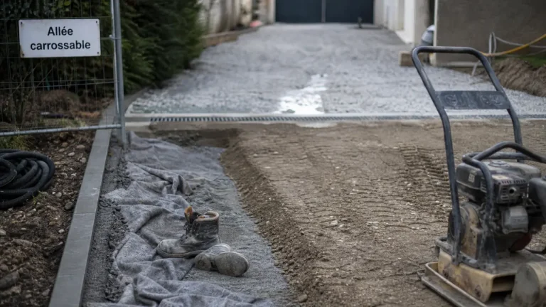 Allée carrossable pas cher en cours : fondation compactée et bordure béton