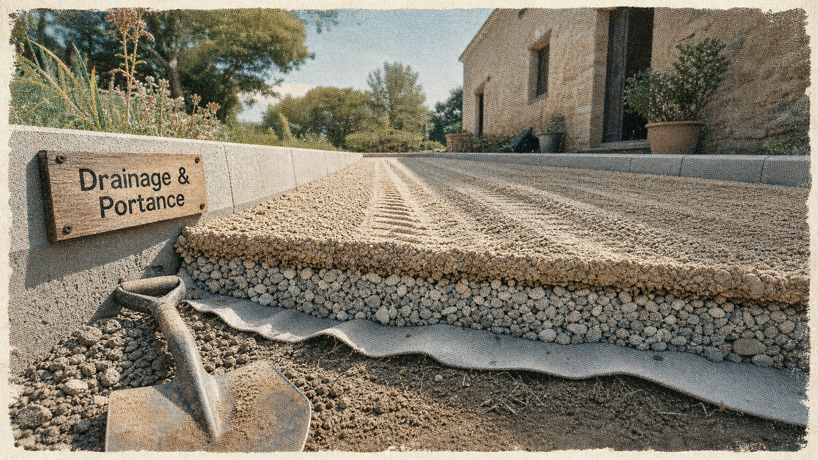 Allée carrossable pas chere avec gravier stabilisé, fondation et géotextile