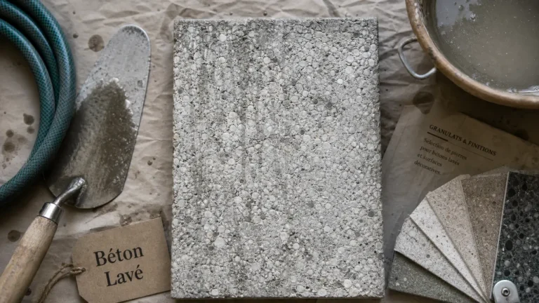béton lavé : surface avec granulats et traces de jet d’eau